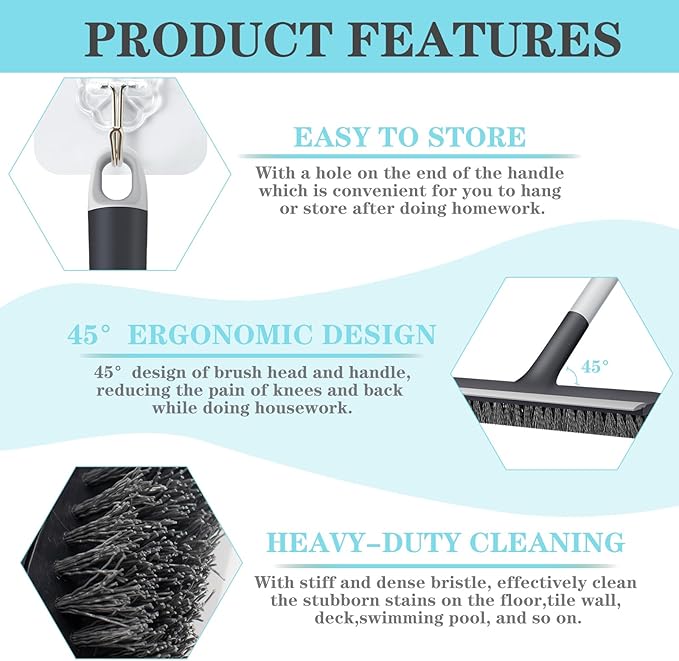 Floor Scrub Brush with Long Handle - Adjustable Handle 2 in 1 Scrape and Heavy-Duty Stiff Bristle Floor Scrubber Brush for Cleaning Bathroom, Kitchen Patio Tile Garage and Deck