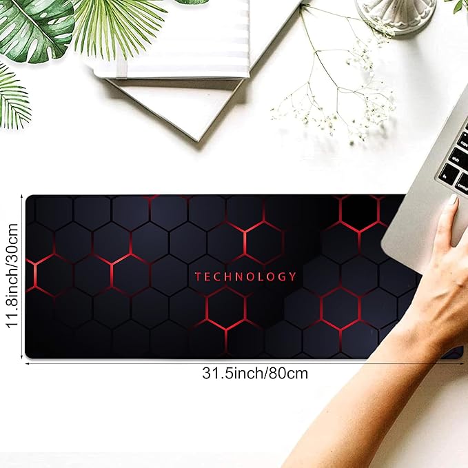 Desk Pad, Black and Red Honeycomb Hexagons Technology XL Gaming Mouse Pad with Stitched Edges,Non-Slip Waterproof Rubber Base Large Desk Mat for Keyboard and Mouse 31.5"x11.8"
