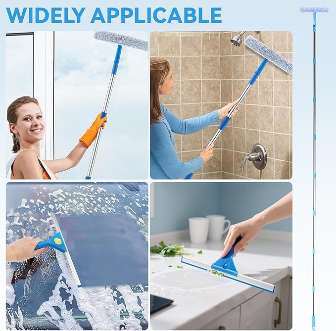 3m Window Cleaner Tool Kit with Long Handle, 35cm Window Washing Squeegee & 38cm Scrubber Cleaning Equipment for High Windows, Shower Glass, Car, RV (Blue)