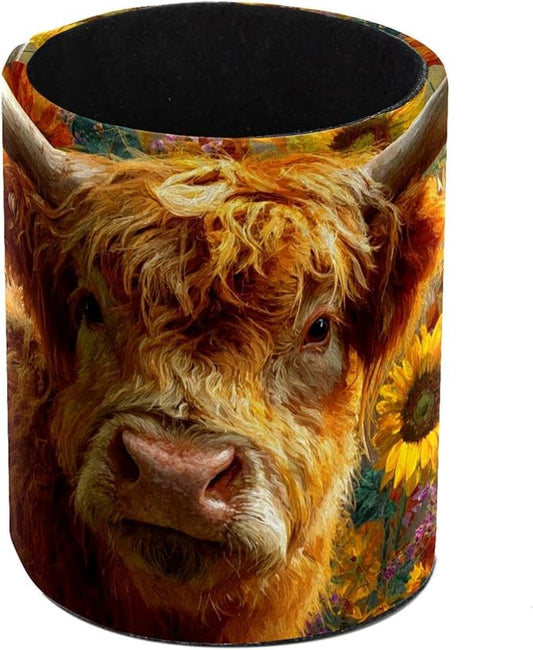 1 Pack Watercolor Sunflower Yak Circular Pen & Pencil Holder - Durable PU Leather Pencil Cup, Desk Accessories Organizer for Office Desk School Home