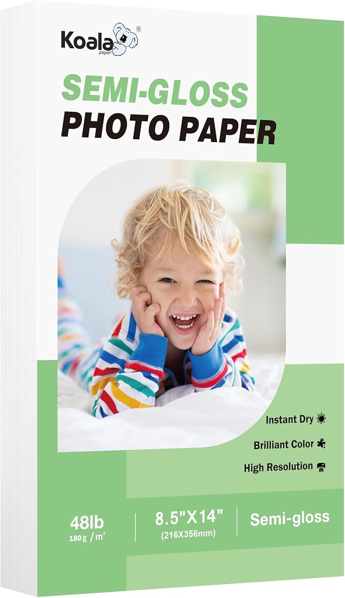 Koala Semi-Gloss Photo Paper 8.5X14 Inches 100 Sheets for Inkjet and Laser Printers Use DYE INK 48LB 180gsm Legal Size Professional Paper