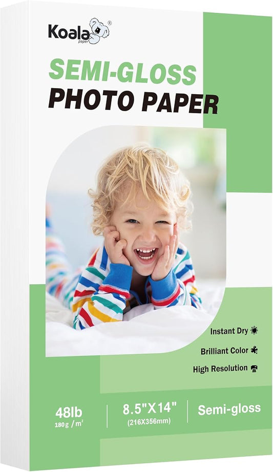 Koala Semi-Gloss Photo Paper 8.5X14 Inches 100 Sheets for Inkjet and Laser Printers Use DYE INK 48LB 180gsm Legal Size Professional Paper