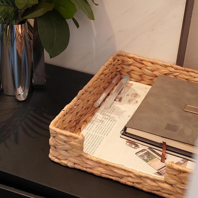 Set of 2 Water Hyacinth Letter Tray for A4 File Desk Mail Letter-Size Paper, Basket Woven Organizer, Magazine Files Storage, Office Document Organizer and Storage