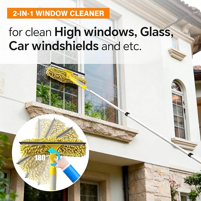 ARTIPOLY 20 Foot Telescoping Extension Pole Kit, 5-in-1 High Reach Duster with Chenille Window Squeegee Microfiber Feather Cobweb Duster for Ceiling Wall Hard-to-Reach Indoor & Outdoor Cleaning Yellow