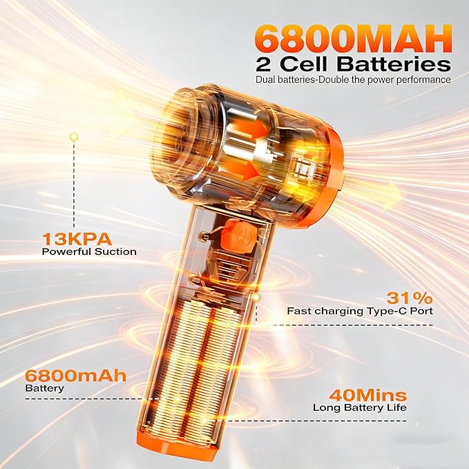 Creims 13000PA Portable Car Handheld Cordless Vacuum Cleaner with High Powerful Mini Cordless Car Vacuum 6800mAh Battery, 10 Nozzles, Rubber Paint Material for Car, Home, Pet Cleaning（Black Orange）