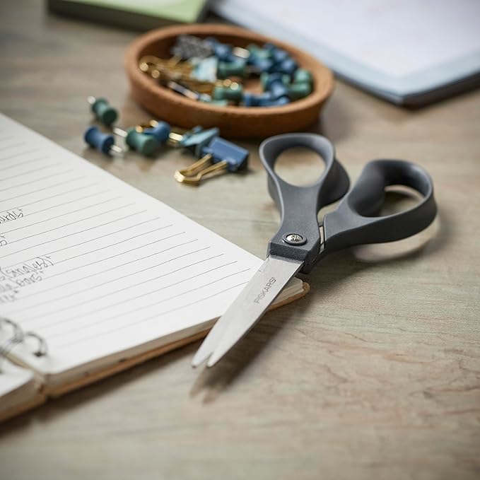 Fiskars 8” Everyday Stainless Steel Scissors (2-Pack) with Ergonomic Handles, Home & Office Scissors for Cutting Paper, Cardboard, Photos and More, Gray