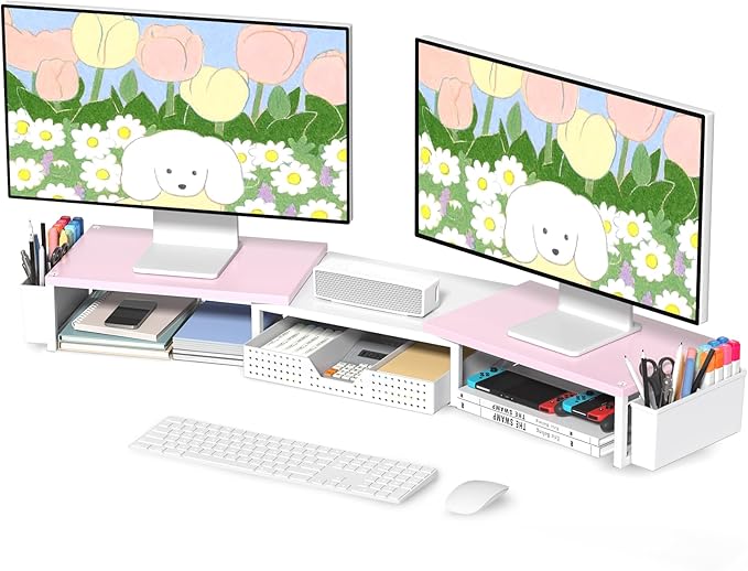 Desk Dual Monitor Stand Riser - Desk Organizer with Drawer and Pen Holders, Office Desk Accessories & Workspace Organization, Computer Monitor Stand for Laptop, Printer(Pink＆ White)