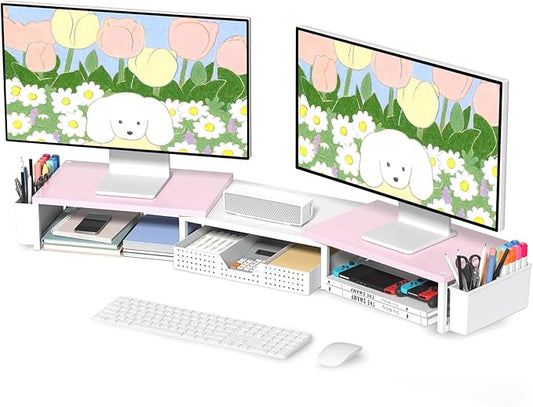 Desk Dual Monitor Stand Riser - Desk Organizer with Drawer and Pen Holders, Office Desk Accessories & Workspace Organization, Computer Monitor Stand for Laptop, Printer(Pink＆ White)