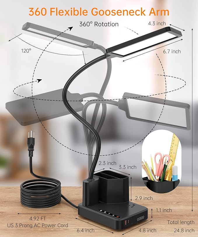 Desk Lamp, COZOO LED Desk Lamps for Home Office with USB Charging Port/Outlet/Organizer,Desk Lamp for College Dorm Eye-Caring Study Light,Gooseneck Table Lamp with Pen Holders/Storage,9 Lighting Modes
