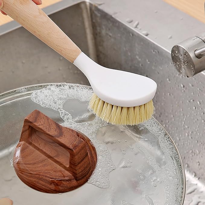 Lawnrden Bamboo Dish Brush, Dish Brush with Handle 2Pcs Scrub, Bamboo with Built-in Scraper Washing for Nonstick Frying Pan, Woks, Kitchen Sinks