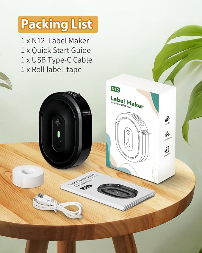 Label Maker Machine with Tape, N12 Portable Bluetooth Label Printer, Wireless Mini Label Makers Thermal Sticker with Multiple Templates for Home, Kitchen, School, Office Organization, Black