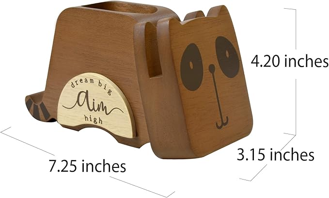 I'm Wood Multipurpose Raccoon Eyeglass Phone Pen & Pencil Holder Stand Stationery Desk Organizer Accessories Decor, for Home Office Desktop Decoration Birthday Graduation Gifts “Dream Big Aim High”