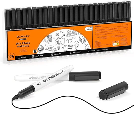 Shuttle Art Dry Erase Markers, 25 Pack Black Magnetic Whiteboard Markers with Erase, Fine Point Dry Erase Markers Perfect for Writing on Dry-Erase Whiteboards Mirrors Glasses for School Office Home