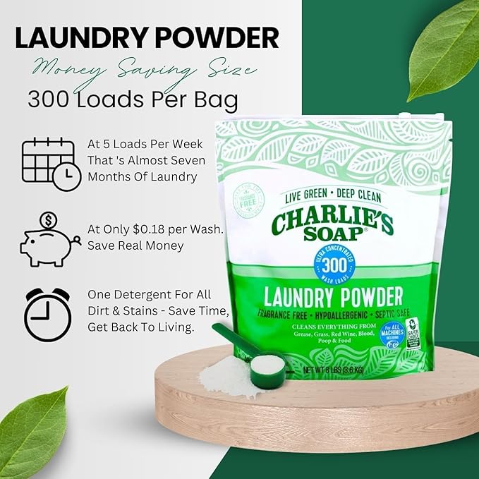 Charlie’s Soap Laundry Powder (100 Loads, 3 Pack) Hypoallergenic Deep Cleaning Washing Powder Detergent – Eco-Friendly, Safe, and Effective
