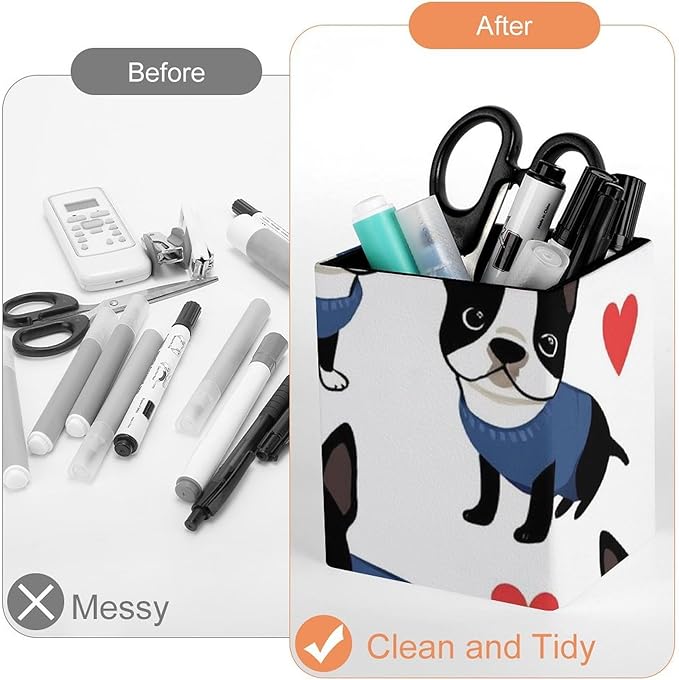 Pen Holder Square Leather Pencil, Holder Cup Makeup Brush Storage Organizer, Waterproof Multifunctional Office Supplies Boston Terrier Bulldog