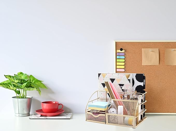 Exerz Desk Organizer Golden Office Desk Accessories Supplies Office Storage Desktop Pencil Pen Holder with Drawer Home Workspace