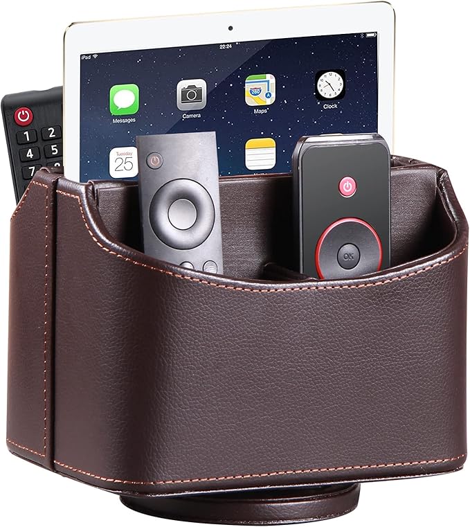 PU Leather Remote Control Holder,360 Degree Spinning Desk TV Remote Caddy,Desk Organizers and Accessories,for Controller,Media,Mail,Calculator,Mobile Phone,Pen Storage Holder(Brown Lychee)