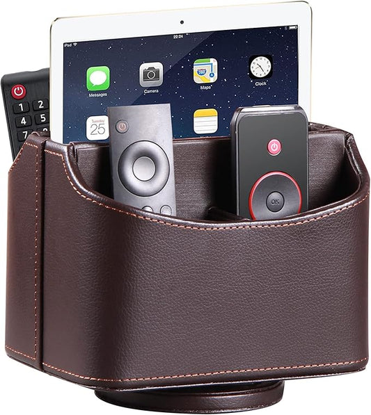 PU Leather Remote Control Holder,360 Degree Spinning Desk TV Remote Caddy,Desk Organizers and Accessories,for Controller,Media,Mail,Calculator,Mobile Phone,Pen Storage Holder(Brown Lychee)