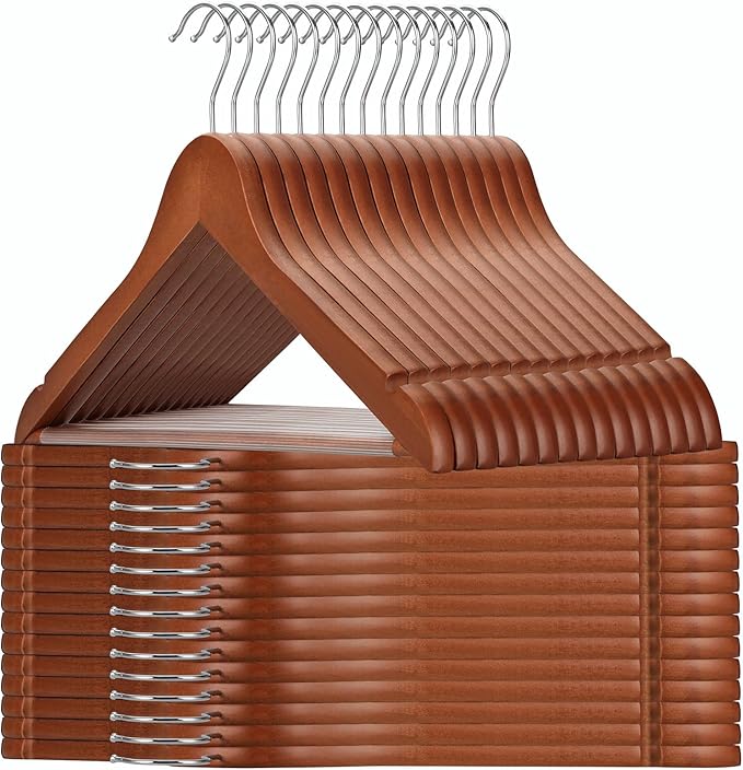 TOPIA HANGER Wooden Hangers 30 Pack, Wood Clothes Hangers, Durable Coat Hanger with 360-Degree Rotatable Hook, Non-Slip Pants Bar and Shoulder Notches for Camisole Tops (Walnut) - CT34WA30