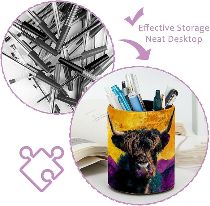 Watercolor Art Yak PVC Leather Circular Pencil Holder for Desk Organizer Stationery Holder for Office, School(3.9 x 3.1 Inches)