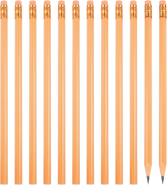 PATIKIL Round Pencils, 12 Pcs Triangle HB Graphite Pencil Wooden Pencils with Eraser for Classroom Office Writing Drawing Supplies, Orange