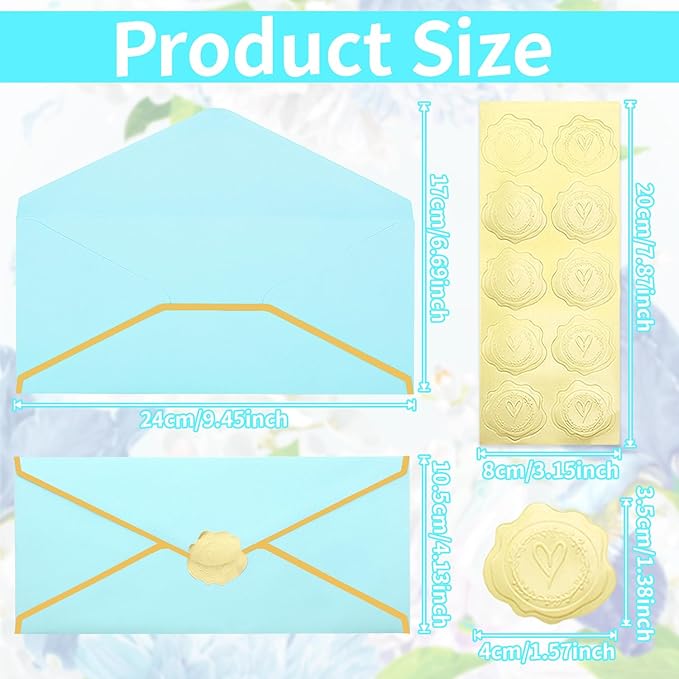 Business Envelopes with V-Flap,Gold Border 30 Pack #10 Envelopes Made of 150gsm Paper, Standard Envelopes with Gold Stickers for Office, Checks, Letter Mailing,9.45 x 4.13 Inches (Light Blue)