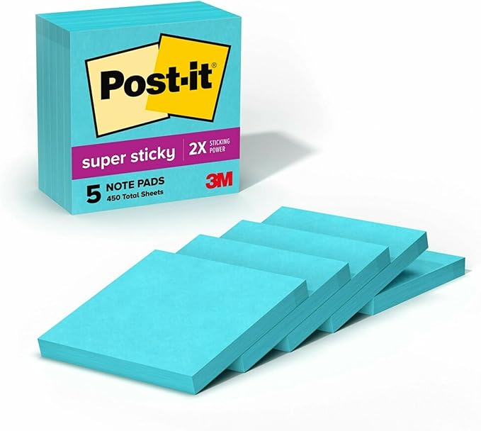 Post-it Super Sticky Notes, 5 Sticky Note Pads, 3 x 3 in., School Supplies, Office Products, Sticky Notes for Vertical Surfaces, Monitors, Walls and Windows, Aqua
