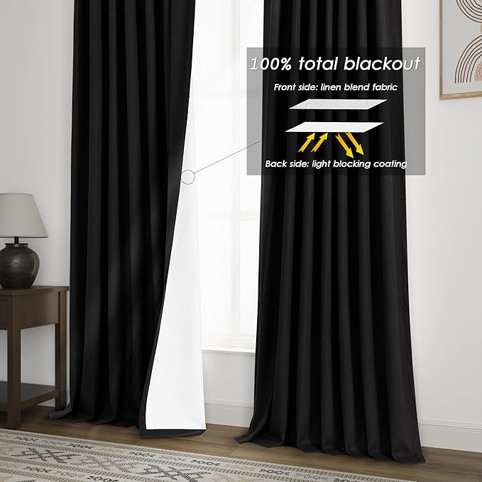 Black Linen Blackout Curtains 120 Inch Length 2 Panels Set Burg Extra Long 10 Ft Back Tab Pocket Drapes Cotton Textured Thermal Insulated Total Blocking Curtains for Dining Room Cottage High Window