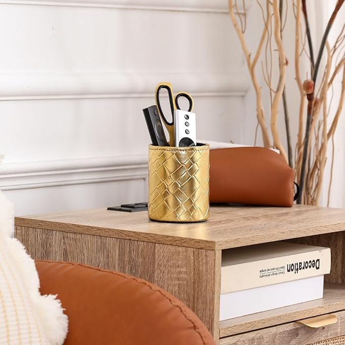 Pencil Cup, PU Leather Pen Desktop Organizer for Cosmetics Office Supplies, Makeup Brushes Organizer Gold Grid PH111