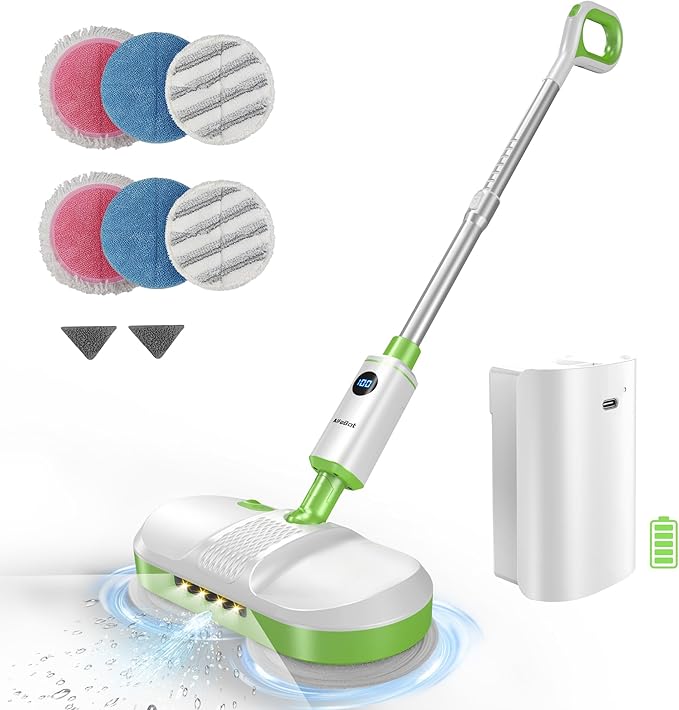 AlfaBot Cordless Electric Mop for Floor Cleaning, Dual Spin Mop with LED Headlight /Water Spray/Self-Propelled,Clean up to 2700 ft²,Rechargeable Electric Mops with Big Water Tank for Multi Floors