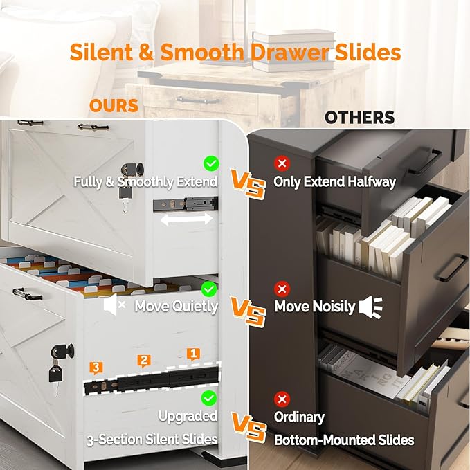 VINGLI 2 Drawer File Cabinet with Lock, Home Office Filing Organizer, for Letter Legal A4 Size File Folder Storage, Modern Farmhouse, Wood Lateral Filing Cabinet, Archivador (Rustic White & Brown)