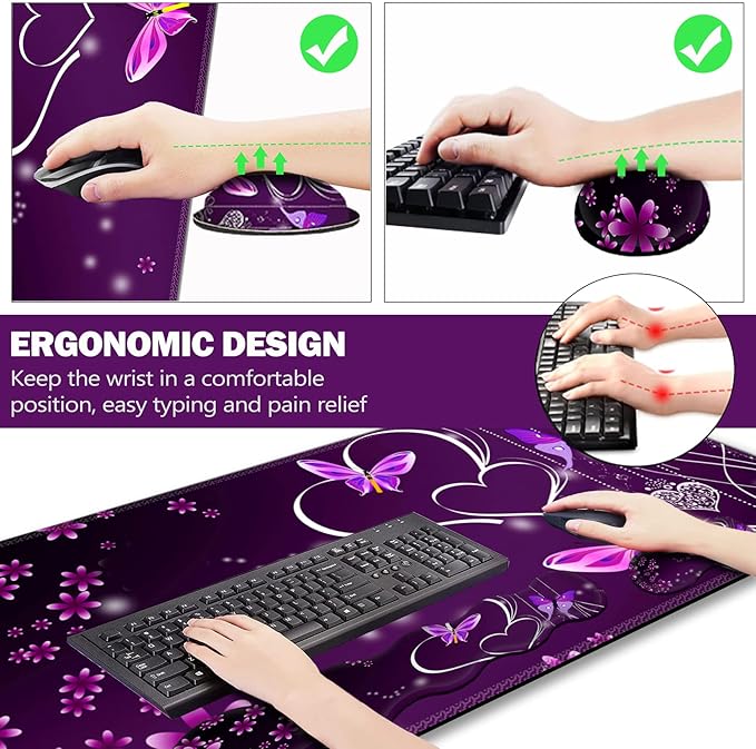 Upgraded Extended Gaming Mouse Pad, Keyboard Wrist Rest Pad, Wrist Support Mousepad Set, Artso Large Rubber Base Stitched Edges, Multifunctional Desk Pad (35 x15.5 in), Purple Heart Butterfly