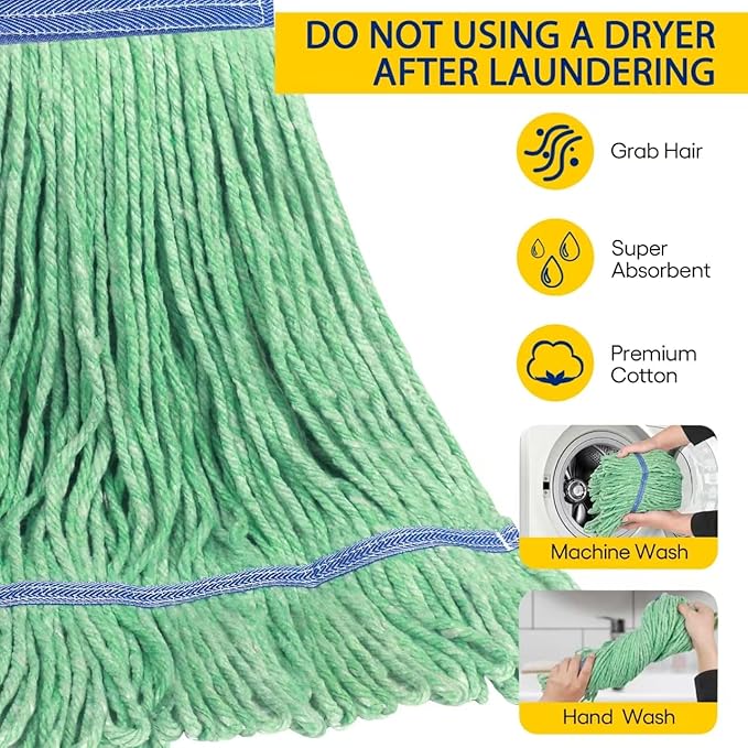 Matthew Cleaning Heavy Duty Mop Head Commercial Replacement for General and Floor Cleaning, Wet Industrial Blue Cotton Looped End String Head Refill (Case of 24) Green