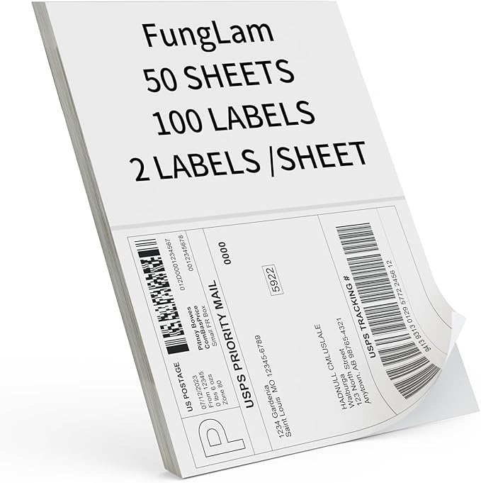Half Sheet Shipping Labels 8.5x5.5 Inches, FungLam Half Page Labels, 8.5”x11” Self Adhesive Shipping Labels for Laser&Inkjet Printers, White Mailing Address Labels, 2 Labels Per Sheet, 100 Labels.