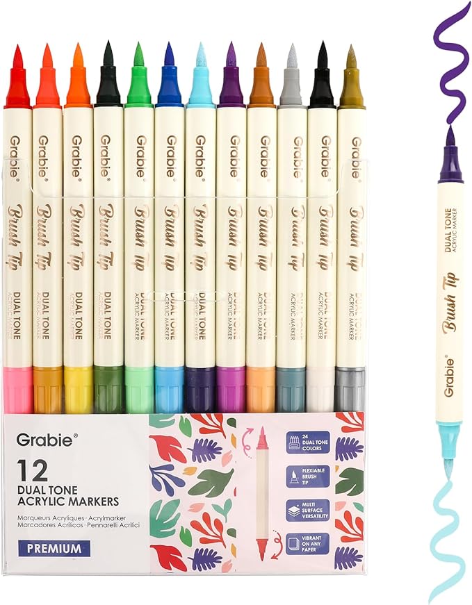 Grabie 24 Colors Paint Markers, Acrylic Paint Pens with 12 Dual-Color Brush Tips, Dual Tone Acrylic Markers for Rocks, Acrylic Paint Markers for Art Supplies (24 Dual Tone Colors)