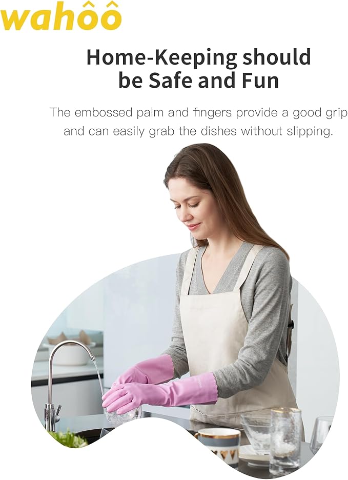 wahoo 3 Pairs Skin-Friendly Cleaning Gloves, Reusable Dish Washing Gloves with Flocked Cotton Liner, Dishwashing, Kitchen, Mauve Mist, Small