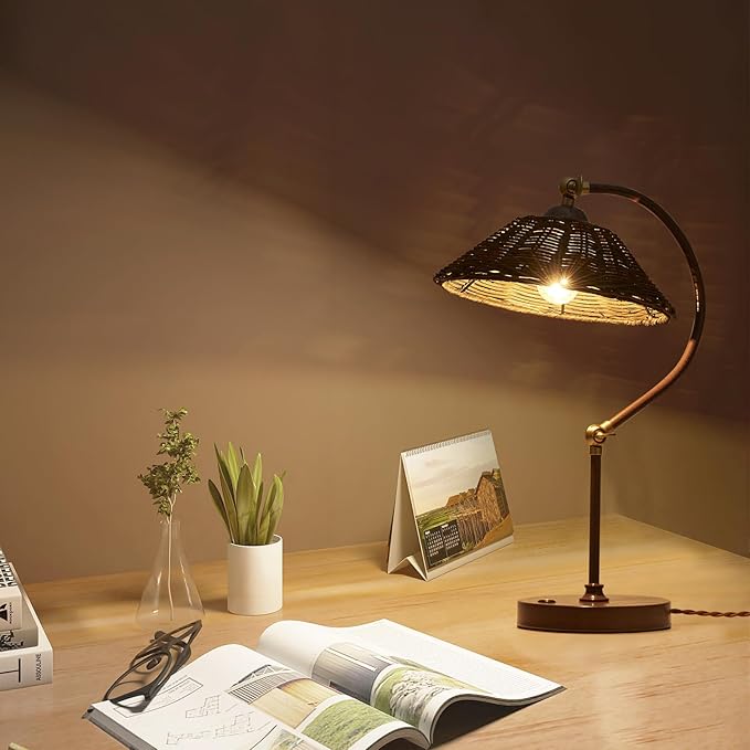 Woven Rattan Bedside Table Lamp for Bedroom, Boho Plug in Handmade Rattan Shade & Anti-Rust Iron Base Desk Lamp, Plug & Play Vintage Dark Brown Nightstand Lamp for Living Room, Office 【Bulb Included】