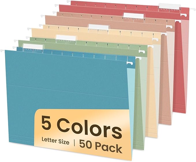 SUNEE Hanging File Folders, 50 Pack Letter Size Hanging File Folders with 1/5-cut Tabs, Stay Organized for Your Home and Office Bulk File, Documents and Paper,5 Retro Colors