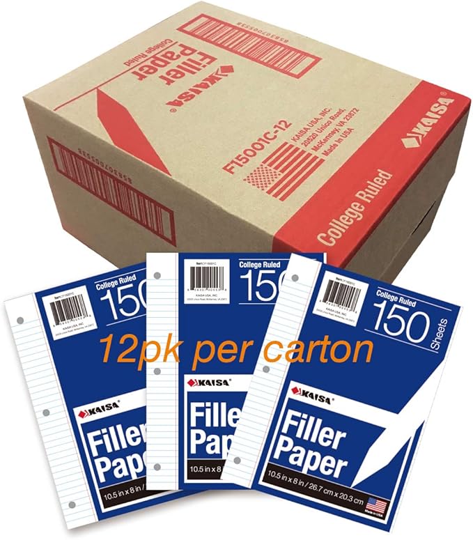 Kaisa Filler Paper Notebook Paper College Ruled 8"x10.5" Loose Leaf Paper for 3-Ring Binders 150 Sheet/pack,12pack (Total 1800 Sheets)