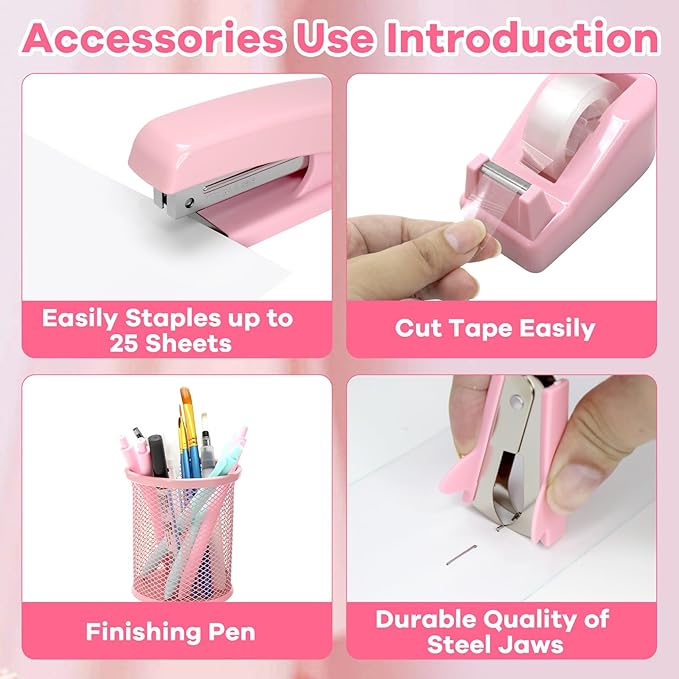 12pcs Pink Desk Accessories Office Supplies, Desk Organizers Set Stapler, Tape Dispenser Set, Staples, Clips, Scissor Gift for Students, Coworkers