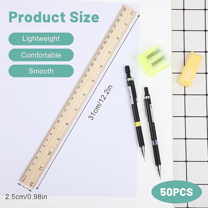 50Packs Wooden Ruler Dual Scale 12Inch/30CM Rulers Bulk Wood Measuring Ruler for School,Home,Office Teacher Supplies for Classroom
