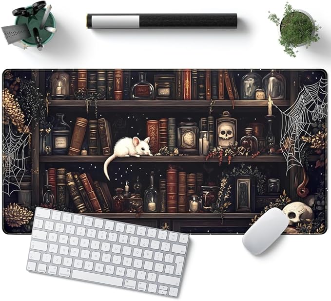 Dark Witchy Desk Mat Gaming Desk Pad Large Mouse Pad, Magician'S Fantasy Bookcase Gothic Mouse Mat XXL Laptop Keyboard Pad, Laptop Keyboard and Mouse Mat Desktop Protector Mat 31.5 X 15.7 in