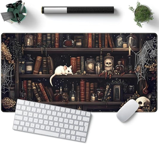 Dark Witchy Desk Mat Gaming Desk Pad Large Mouse Pad, Magician'S Fantasy Bookcase Gothic Mouse Mat XXL Laptop Keyboard Pad, Laptop Keyboard and Mouse Mat Desktop Protector Mat 31.5 X 15.7 in
