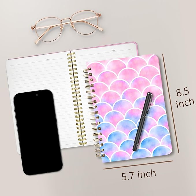 Cute Spiral Notebook journal A5 Aesthetic Pretty Floral Design for Women Girls Kawaii with Pocket, 8.5 x 5.7 inch, Pink Scale