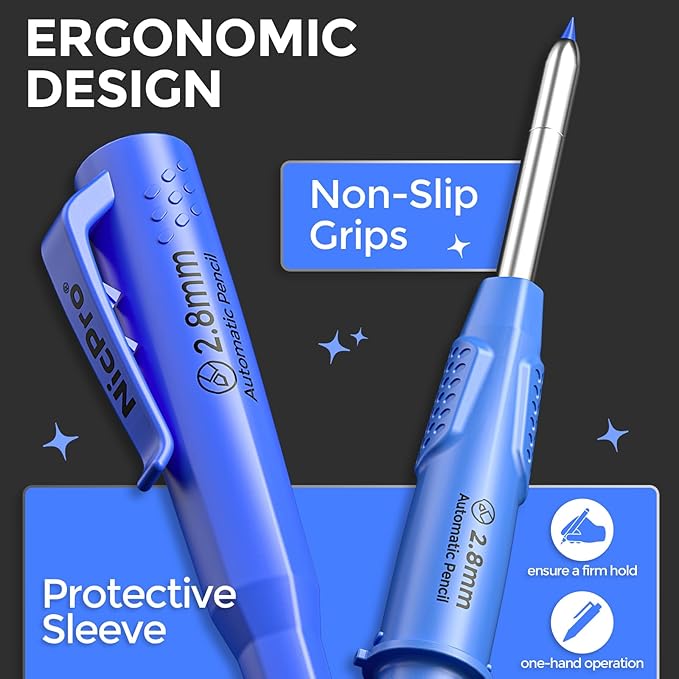 Nicpro 5 Pack CP3000 Carpenter Pencils with Sharpener, Mechanical Pencil Set with 59 Refills, Heavy Duty Working Tools, Construction Pencil for Architect Marking (Red, Black, Orange, Green, Blue)