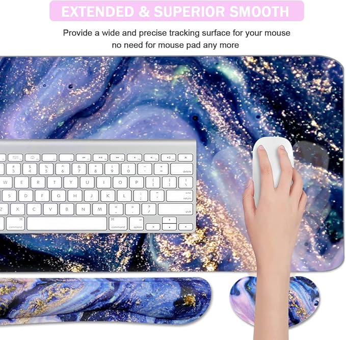 Keyboard Mouse Pad Set, Extended Mouse Pad+Keyboard Wrist Rest Support, Memory Foam Ergonomic Easy Typing, 3Pcs (35.4×15.7 in) Desk Pad Set for Home Office Study Game-Purple Marble