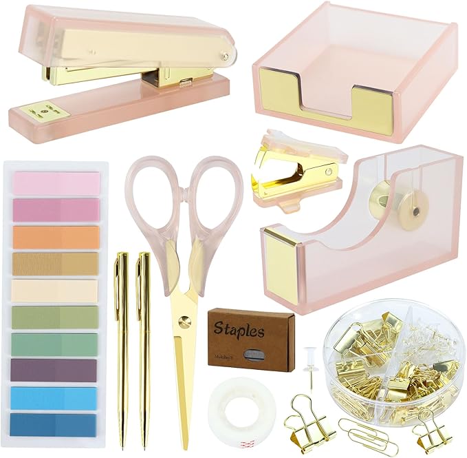 Buqoo Pink Acrylic Sticky Notes Holder Stapler and Tape Dispenser Cutter with Staple Remover, Scissor, Ballpoint Pen, Sticky Notes, Paper Clips Set for School Home N Office Supplies