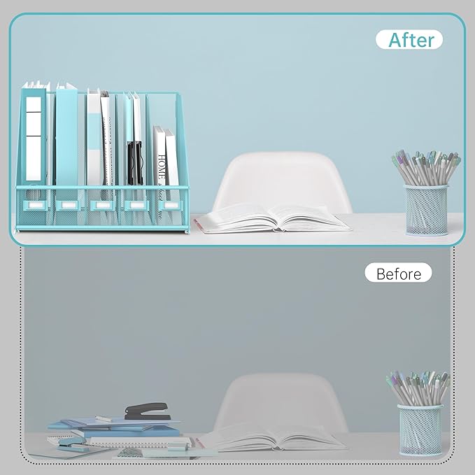 SUPEASY Desk Organizers Metal Desk Magazine File Holder with 5 Vertical Compartments Rack File Organizer for Office Desktop, Home Workspace, Blue Plus