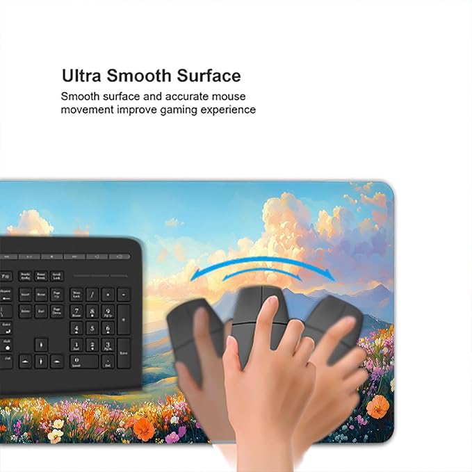 Flowers Desk Pad Mouse Pad Watercolor Dream Landscape Field Hills Gaming Mouse Mat with Stitched Edges,Non-Slip Waterproof Rubber Base Mouse Mat Office Computer Keyboard Laptop Home 31.5"x11.8"