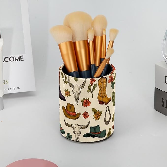Western Cowboy Boots and Hats Circular Pen Holder, Pen Cup Makeup Brush Holder, Design for School, Home and Stationary Supplies (3.9 x 3.1 Inches)